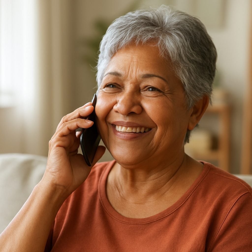 Senhora aposentada sorrindo ao telefone, tranquila após o atendimento da GIRO